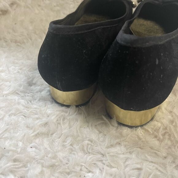 Lane Bryant Black  fabric Velvet Flats Gold 1”Heels Bow accent SZ12W - Picture 5 of 10